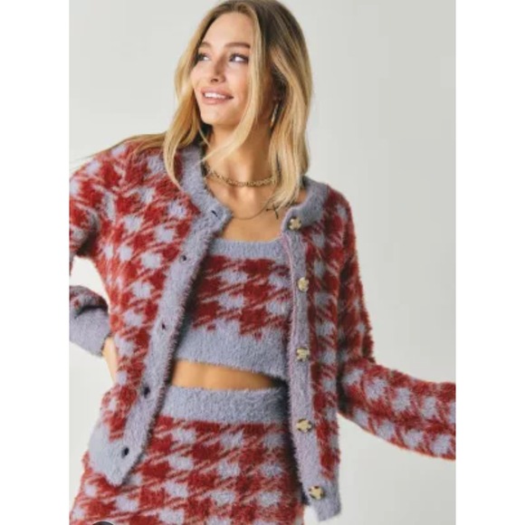 Davi & Dani Houndstooth Fuzzy Knit Cardigan Button Up Sweater‎ Top Small - Picture 2 of 9